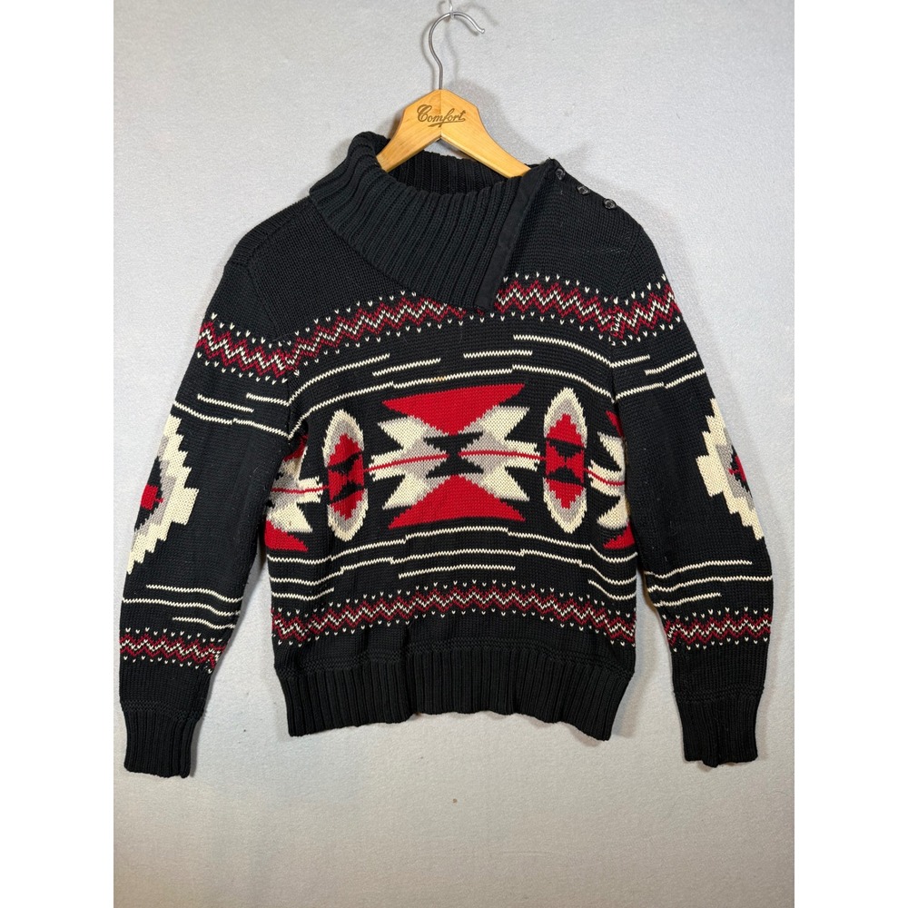 Chaps Black Southwestern Geometric Cotton Knit Button Neck Sweater Womens Medium